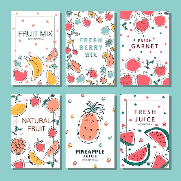 A set of fruit posters. Eco food products. Apple, banana, blueberry, cherry, mango, melon, pineapple, kiwi. Vector illustration.