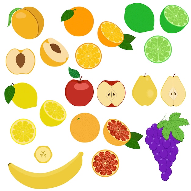 Set of fruits and fruit slices. Isolated objects on a white background.