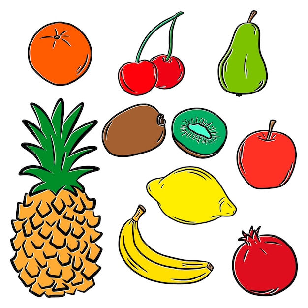 Set of fruits Hand drawn vector illustration in doodle style isolated on a a white background