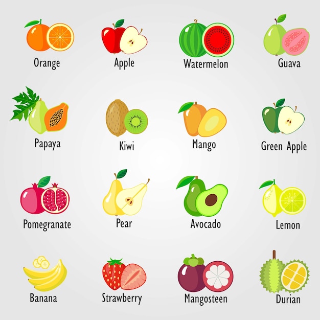 Set of fruits icon collection Vector illustration of cartoon fruits and berries Isolated on white