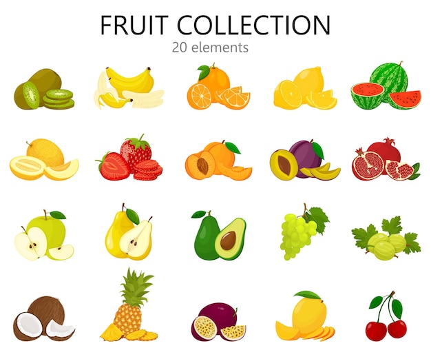 Set of fruits isolated on white. Fresh and bright fruits icons, flat style. Cute cartoon fruits collection , Vector illustration.