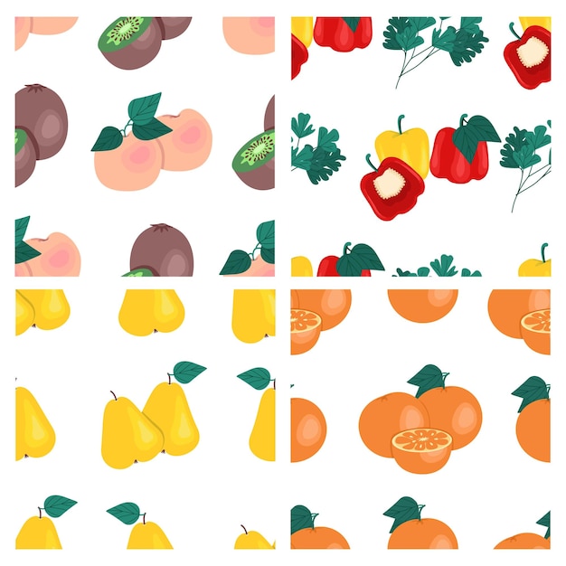 Set of fruits and vegetables seamless patterns Kiwi peaches pears bell peppers Vector illustration