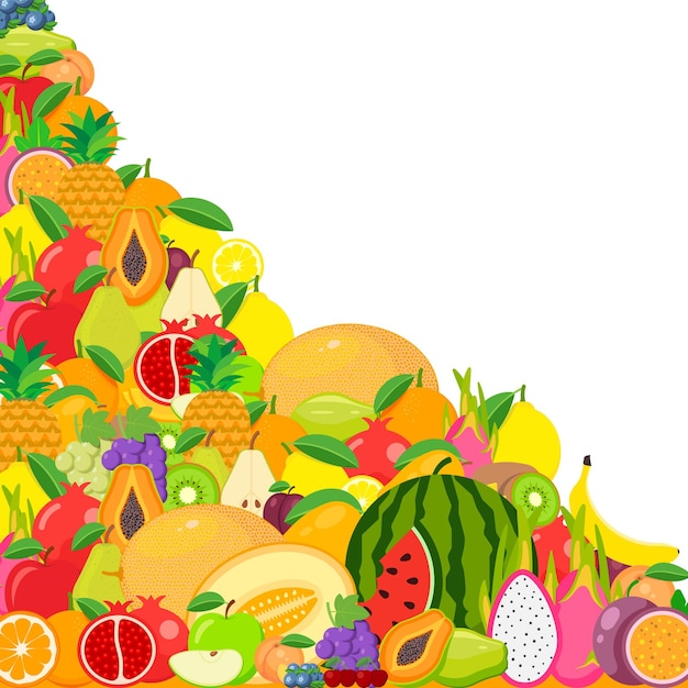 Set of fruits Watermelon pineapple peach lemon vegetarian orange food apple pear banana cherry strawberry grapes kiwi mango melon plum papaya isolated on background