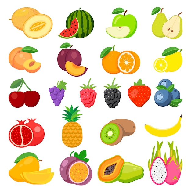 Set of fruits Watermelon pineapple peach lemon vegetarian orange food apple pear banana cherry strawberry grapes kiwi mango melon plum papaya isolated on background