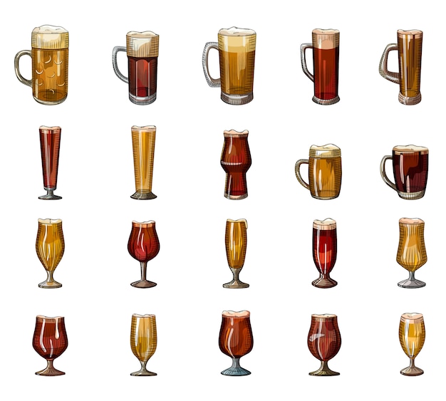 Set of full glass of beer with foam isolated on white background. Hand drawn alcohol drink glass collection.