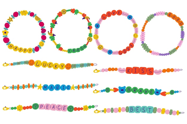 Vector set funky bracelet handmade collection love plastic beads kidcore y2k jewelry vector elements hand drawn 90s style