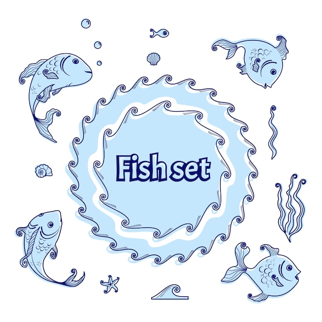 Set, funny, cartoon blue fishes