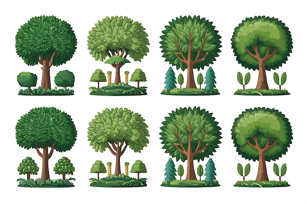 Set of funny cartoon trees and green bushes Vector illustration