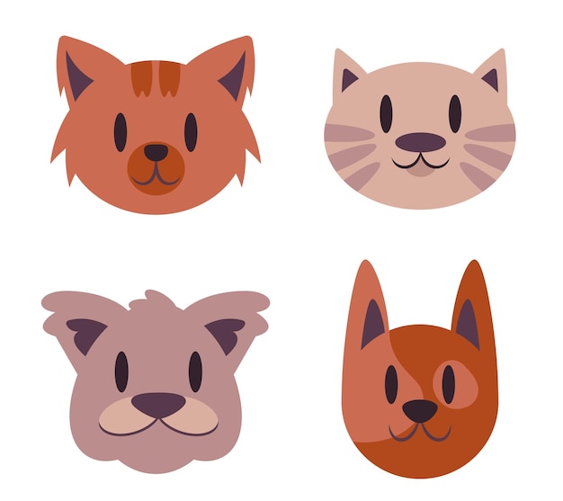 Set of funny cat faces Cute pets in flat style