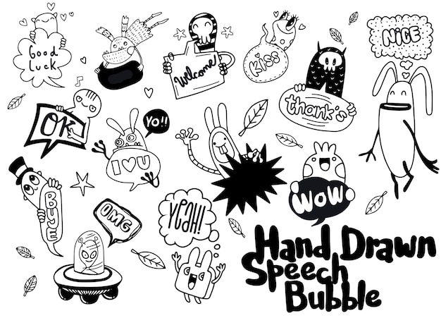 Set of funny characters and Cute speech bubble doodle