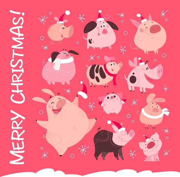  set of funny Christmas flat different pig characters in Santa hat isolated on pink snowy background. Collection of friendly smiling pink porks. Perfect for New year cards, patterns, prints etc.