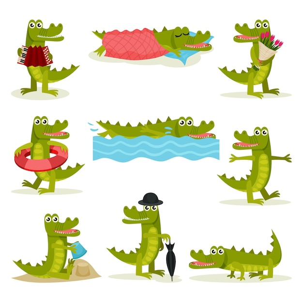 Set of funny crocodile in different actions Green predatory reptile Cartoon character of funny humanized animal Graphic elements for children book Flat vector design isolated on white background