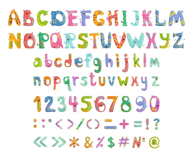 Set of funny and cute letters with emotions, numbers and punctuation marks.