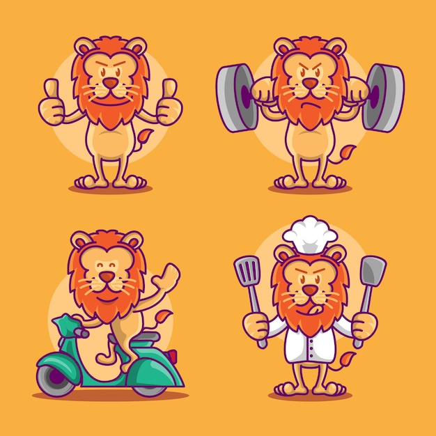 Vector set of funny cute lion iconic mascot