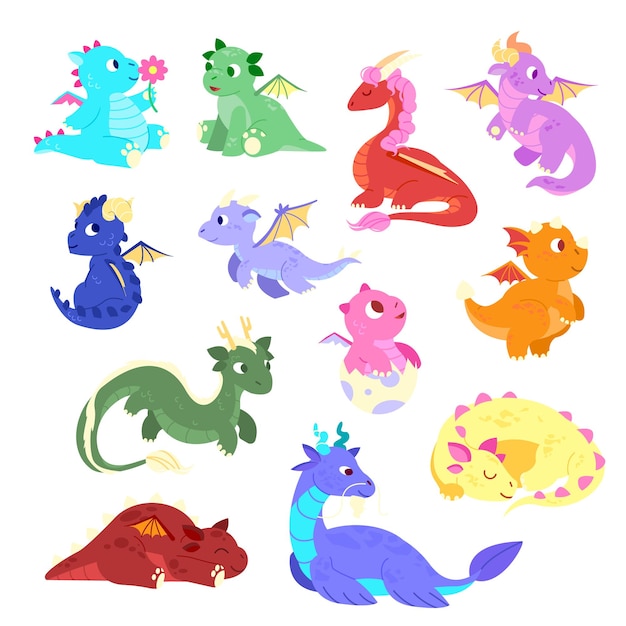 Set of funny dragon characters newborn baby Cute and funny childish cartoon style of dragon kids