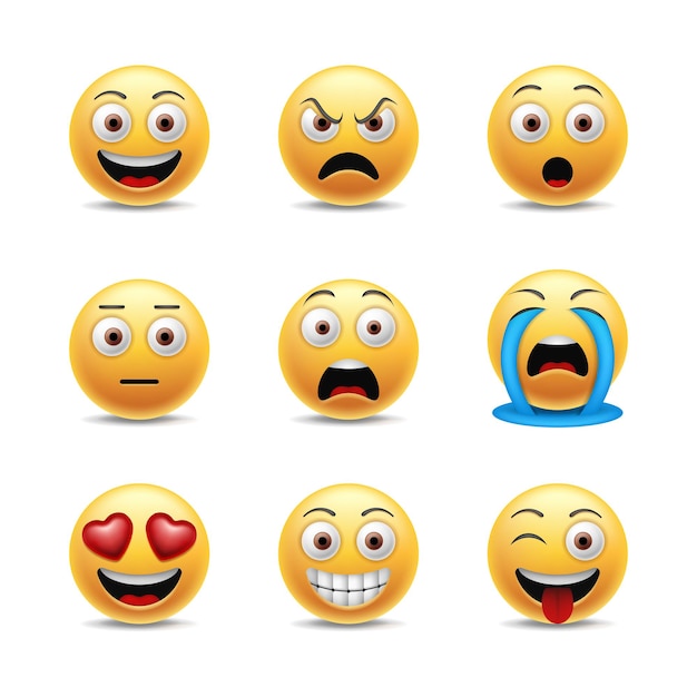 Set of funny emoticons Collection of emoji Yellow faces with different expressions