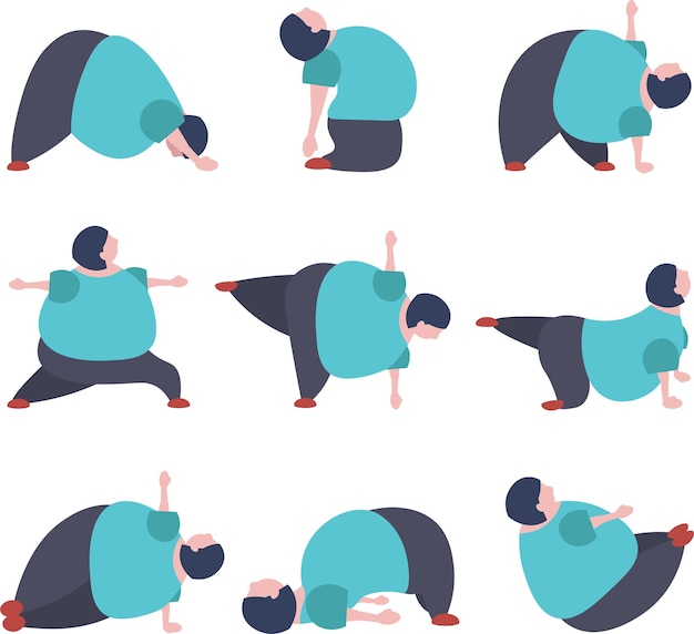 Vector set of funny fat woman doing yoga exercises