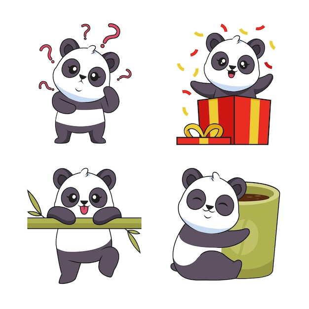 Set of funny handdrawn small pandas with confused expression box bamboo tree coffee cup