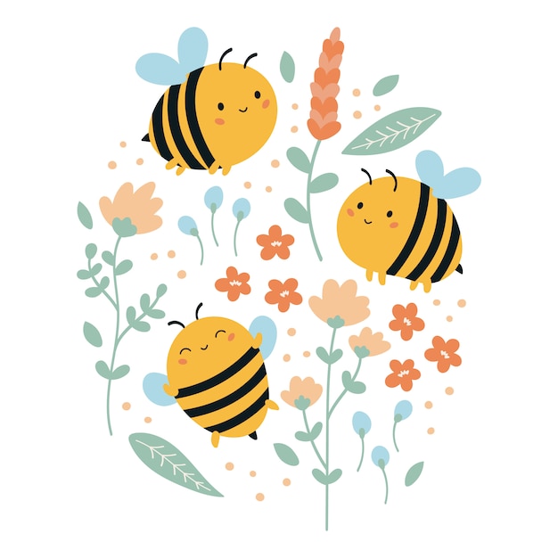 Set of   funny kawaii bees with flowers and leaves. Summer illustration for children.