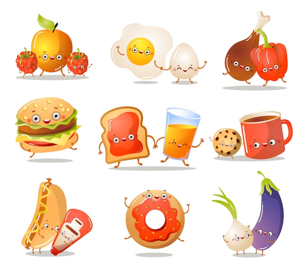 Set of funny kitchen food characters in different actions