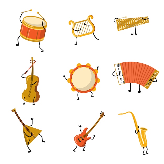 Set of funny musical instrument characters with hands and legs