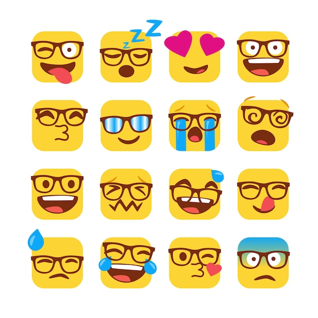 Set of funny nerd emojis with glasses