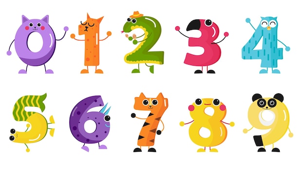 Vector set of funny numbers in cartoon style vector illustrations of animal number characters cats crocodile flamingo owl fish dinosaur tiger panda for kids learning math on white background