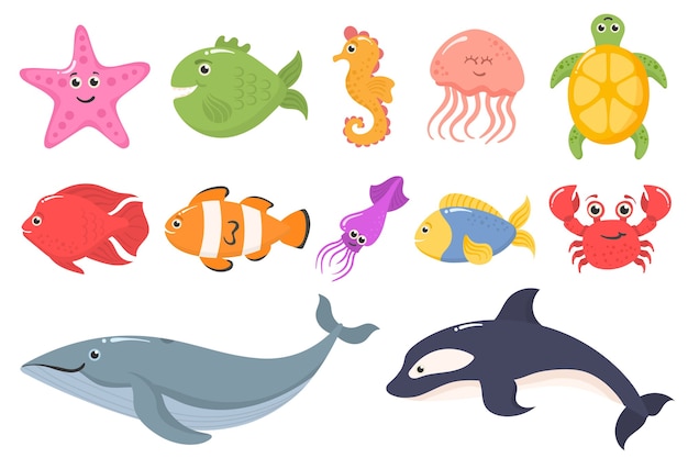 Set of funny ocean animals isolated on a white background. Sea creatures. Marine animals and aquatic plants. Underwater creature set isolated. Funny cartoon character.