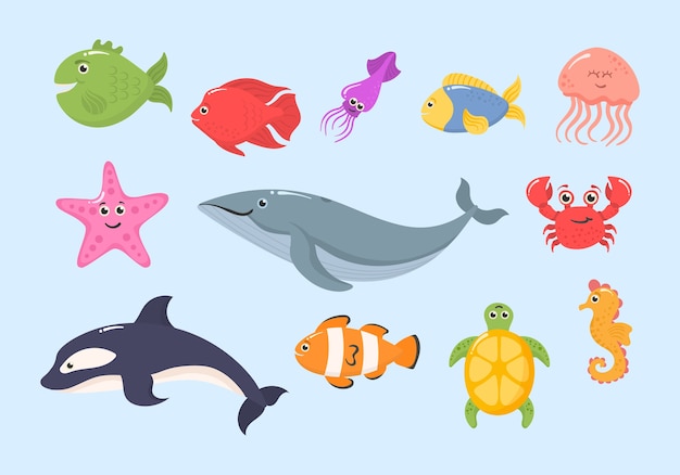 Set of funny ocean animals isolated on a white background. Sea creatures. Marine animals and aquatic plants. Underwater creature set isolated. Funny cartoon character. 