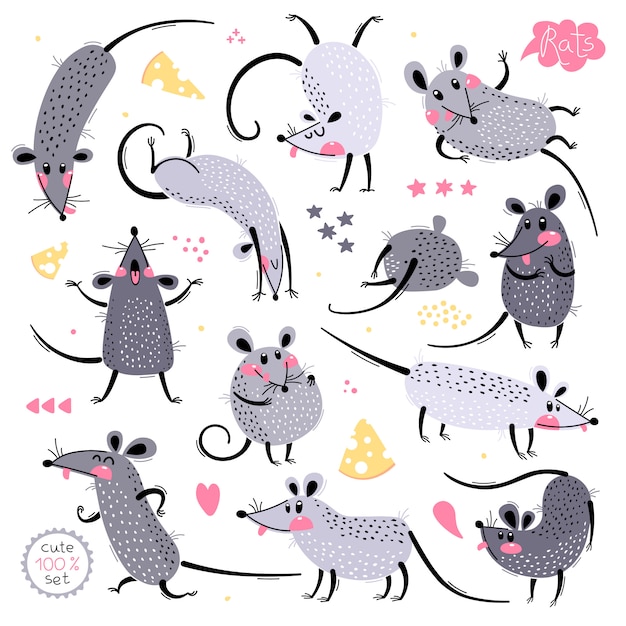 Set of funny rats for design. Cute little mice in different poses. Merry mouse romp. illustration