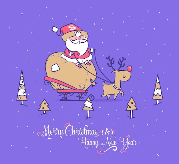 Set of Funny santa illustrations. Santa carries gifts to children on a sleigh with reindeer.