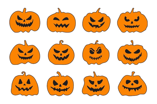 Set funny and scary pumpkins with faces Halloween silhouettes orange pumpkin character design decor