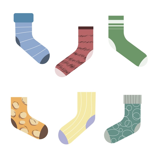 Set of funny socks in a different colors and pattern Flat vector illustration isolated on white