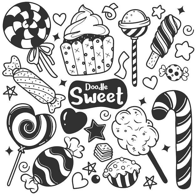 Set of funny sweets candies background Hand drawn background with sweets candies supplies and creative elements Vector illustration