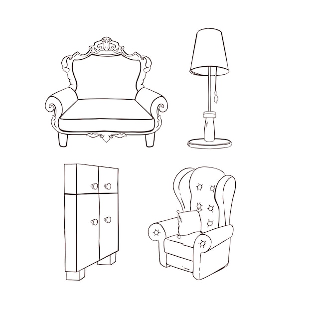 Set of furniture for rest and sleep outline Sofa armchair bed illustration