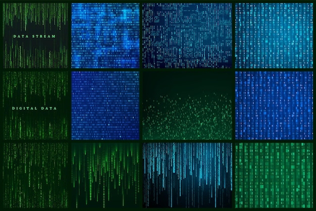 Set of futuristic abstract background Matrix style sci fi backdrop Rendom generated binary data stream Vector illustration