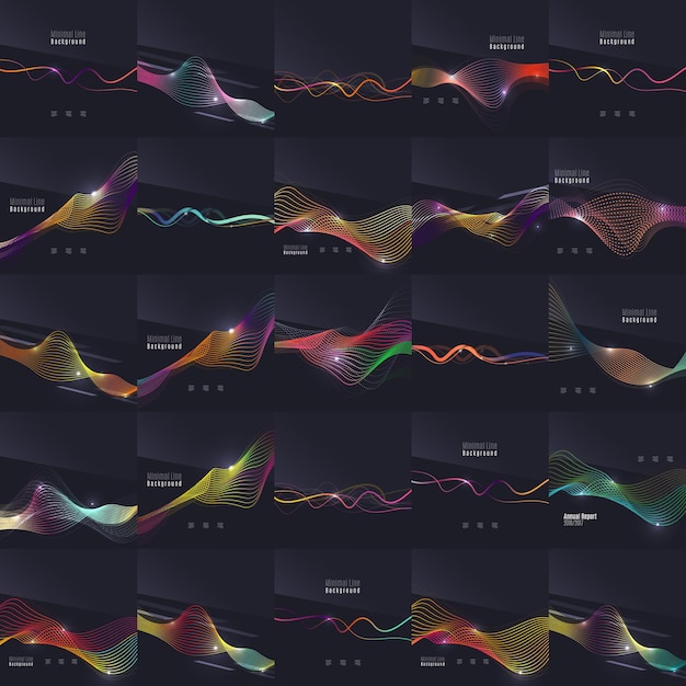 Set of futuristic colorful waves and lines on dark background