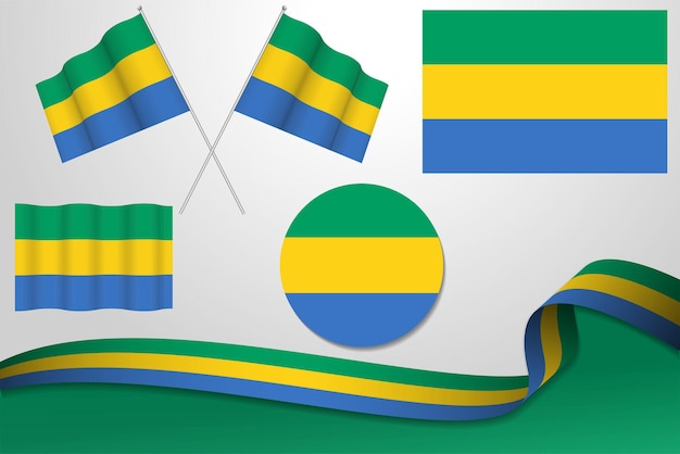 Set Of Gabon Flags In Different Designs Icon Flaying Flags With ribbon With Background