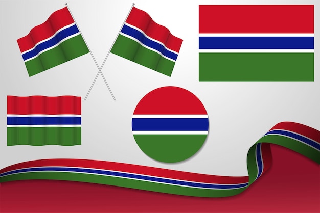 Set Of Gambia Flags In Different Designs Icon Flaying Flags With ribbon With Background