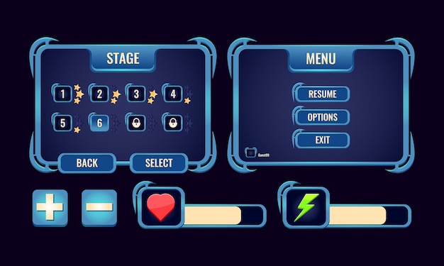 Set of game ui rpg board pop up interface and bar for gui asset elements