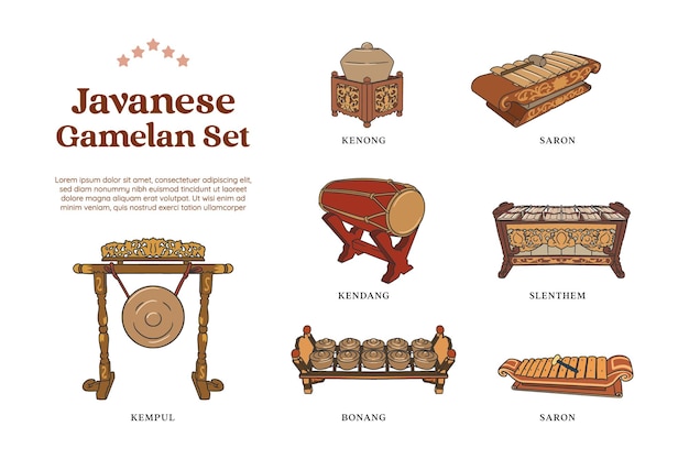 Set of gamelan traditional music instrumental hand drawn illustration