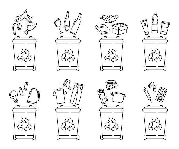 Set of garbage bins for recycling different types of waste Sorting and recycling waste vector illustration