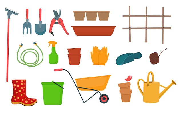 A set of garden accessories, agricultural equipment, watering can, trolley, pots, rubber boots.