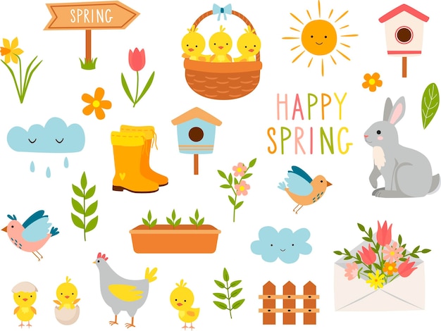 Set of garden cartoon design elements Rubber boots birds sun and clouds Vector illustration