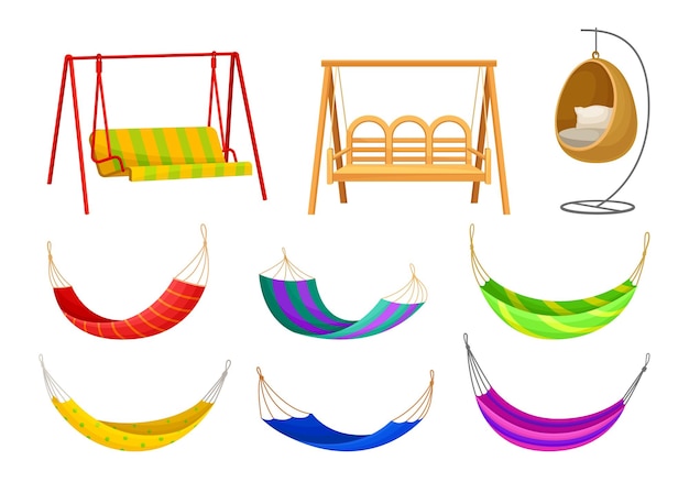 Set of garden swings and colorful hammocks Vector illustration on white background