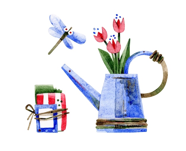 A set of garden tools A metal watering can paperwrapped seeds and a dragonfly Handdrawn watercolor illustrations on a white background Design elements that are perfect for flower shops prints