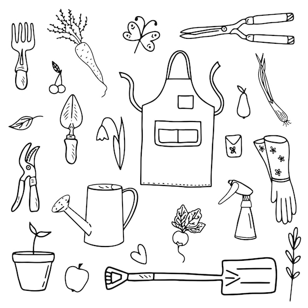 Set of garden tools, vegetables, fruits on a white background.