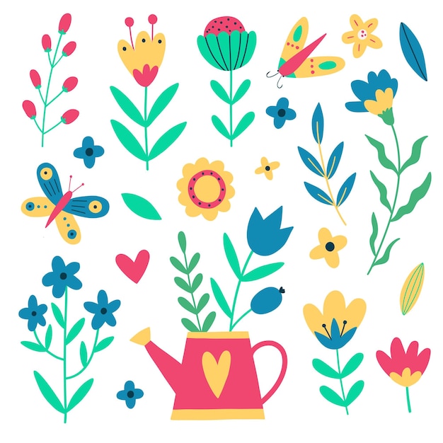 Set of garden watering can with flowers herbs leaves and insects Vector hand drawn illustration