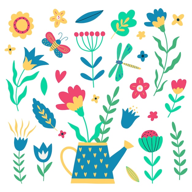 Set of garden watering can with flowers herbs leaves and insects Vector hand drawn illustration