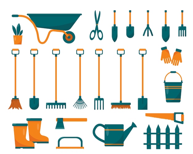 Set of gardening tools and equipment.  illustration of items for gardening and farming.